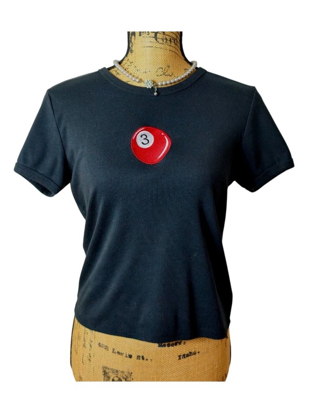 Womens L Crop Top Black Y2K Red 3-Ball Embroidered SS Moto Bloke Vinyl Threads